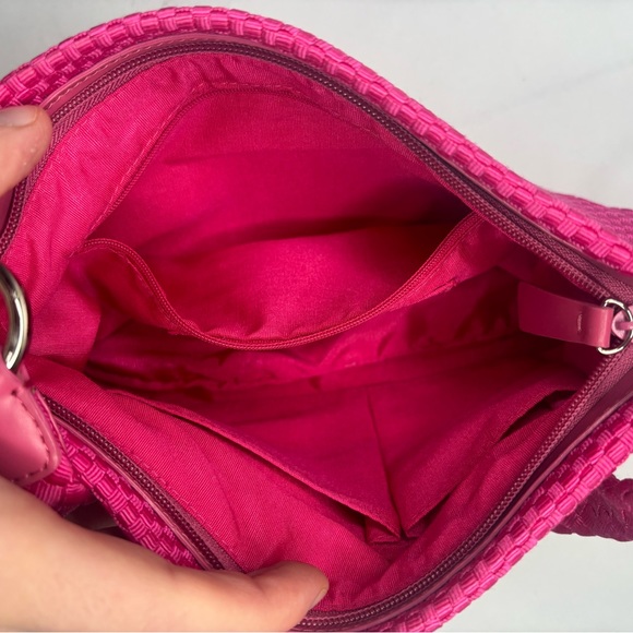 The Sak Woven Pink Fuchsia Cotton Silver Charm Zip Shoulder Bag NWOT - Picture 11 of 13